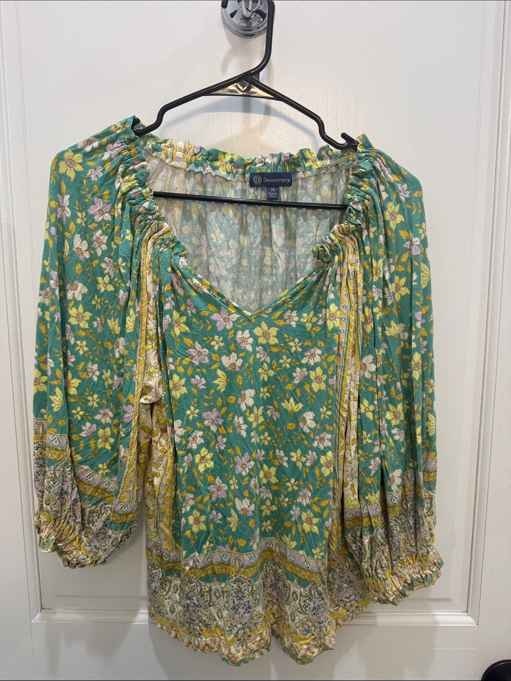 Democracy Green Floral Smocked-Neck Peasant Top